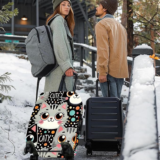 ANNA QUEEN Cute Cat Luggage Cover, Kawaii Cartoon Kitty Suitcase Protector with Colorful Polka Dot Design, Stretchable, Washable Travel Cover for 24-26 Inch Luggage