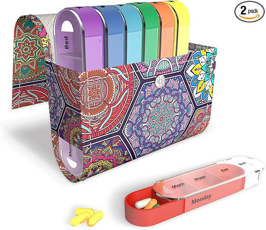 Pill Organizer,LIZIMANDU Weekly Travel Pill Case Box Medication Reminder Daily AM PM, Day Night 7 Compartments,for 4 Times A Day, 7 Days a Week-Includes Leather PU Carrying Case (Hexagon Bohemia)