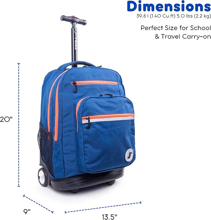 J World Sundance Laptop Rolling Backpack for Girls Boys. Roller Bookbag with Wheels, Navy