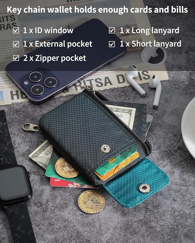 Minimalist Wallet For Mens Womens, Keychain RFID Blocking Zipper Small Wallet with ID Window 2 Lanyards,Water Resistant Travel Cash Card Coin Case Boys Girls