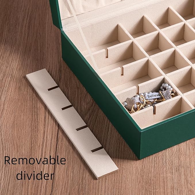 Frebeauty Earring Organizer Classic Jewelry Box 50 Slots Double Layer Jewelry Storage Case with 6 Necklace Hook and Bracelet Pocket(Blackish Green)