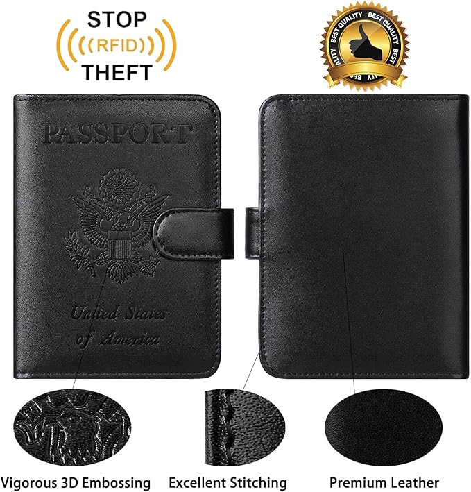 Passport Holder With Luggage Tag Cover Wallet RFID Blocking Leather Case Travel Essentials Accessories Travel Must Have(114#Black)