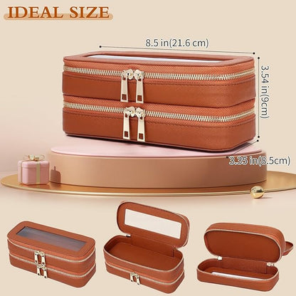 Pinkmik Double Layer Makeup Bag Makeup Brush Case Waterproof Travel Cosmetic & Toiletry Bag Purse Organizer and Car Essentials for Women (X/Brown, Double SLIM)