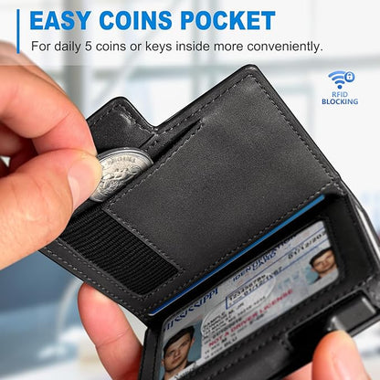 Men Wallet,with Money Clip Coins Pocket ID Window,Slim Front Pocket RFID Blocking Pop-up Card Holder 3.9"x 2.7", Gift Boxed