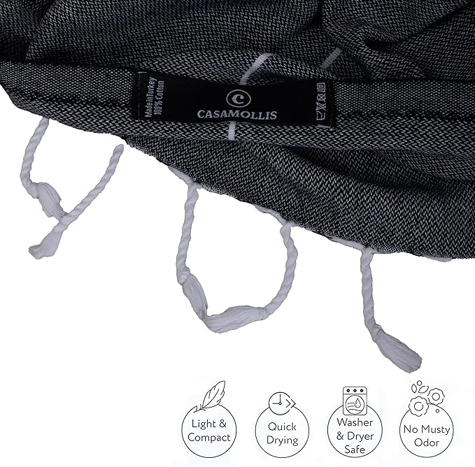 Turkish Beach Towel, Prewashed, 100% Cotton, Soft, Absorbent, Quick Dry, Sand Free Large Oversize Beach Towels for Bathroom Camping Yoga Gym Pool Travel Size 39x71 Inches (Black)