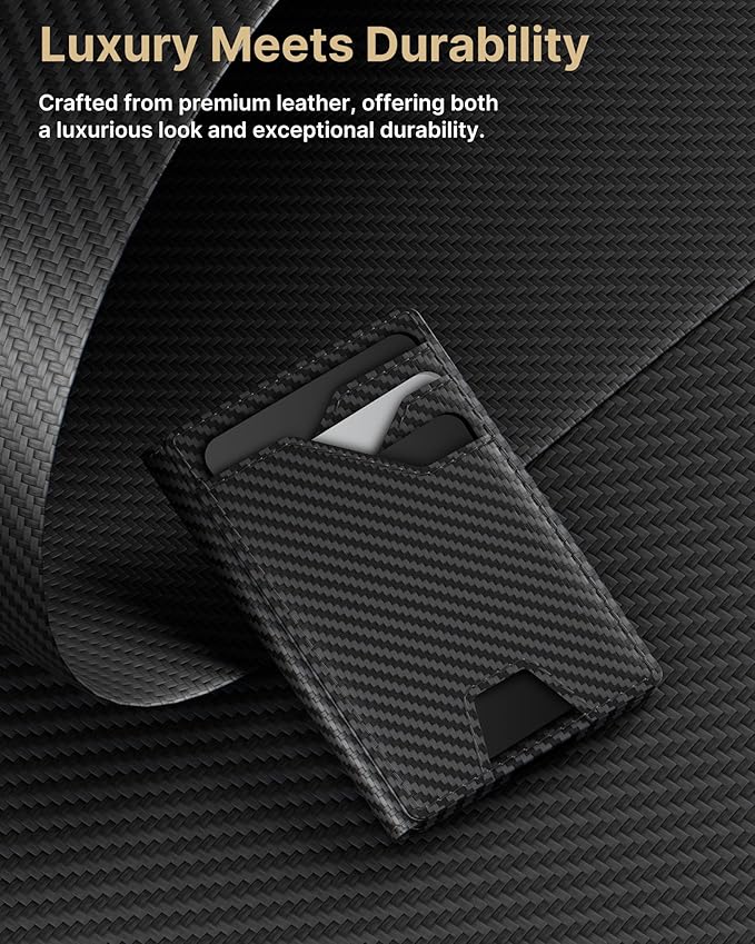 typecase Leather Wallet for Men Card Holder: Premium Genuine Leather, RFID Blocking, Slim, Minimalist, Front Pocket - 15 Cards Capacity | ID Window | Money Clip (Carbon Fiber)