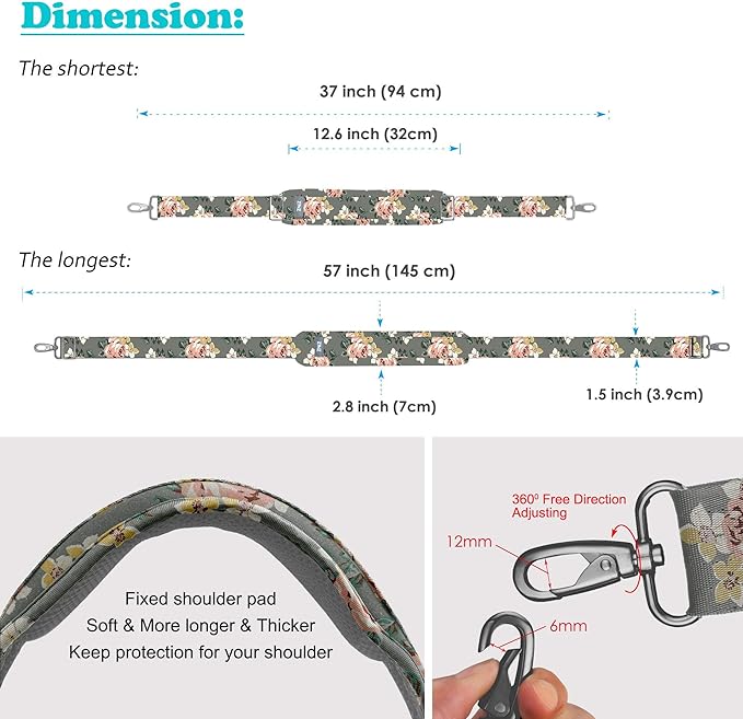 Shoulder Strap, ZINZ 57" Padded Adjustable Shoulder Bag Straps Replacement for Bags with D-Ring (DR02O01)