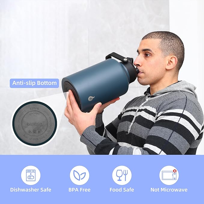 BJPKPK 64 oz Insulated Water Bottle, Dishwasher Safe Half Gallon Water Bottle with Ergonomic Handle, BPA Free Leak Proof Water Jug for Sports, Metal Jug with Anti-slip Bottom, Navy Blue
