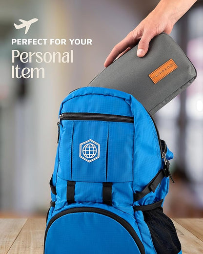 Tech Bag Organizer - Small Electronics Organizer Pouch for Travel - Premium Travel Case with Leather Accents - Mesh Pocket for Cables, Cords and Chargers (Grey)