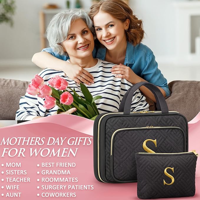 Gifts for Women, Initial Toiletry Makeup Bag Hanging Cosmetic Organizer with Embroidery Letter Personalized Nurse Teacher Appreciation Gift Birthday Christmas Gifts for Mom Sister Wife Friend Auntie