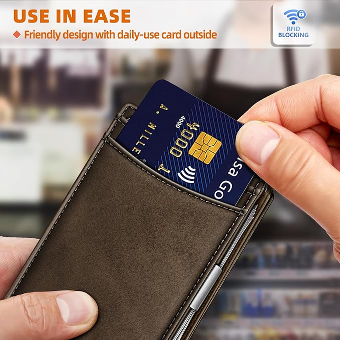 Genuine Leather Wallet for Men, Slim Bifold RFID Blocking with Zipper Coin Pocket, Minimalist Design for Travel and Daily Use (Coffee)