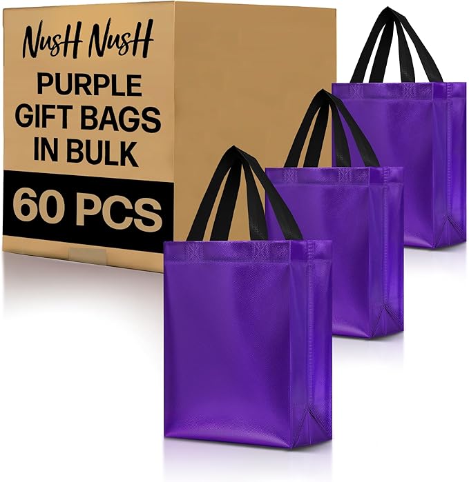 Nush Nush Set of 60 Shiny Purple Gift Bags Bulk Medium Size - Reusable Bulk Gift Bags with Handles - Ideal Goodie Bag For Halloween, Holiday, Small Business, Gifting Events, Birthday - 8Wx4Dx10H