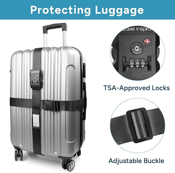 Travel Inspira TSA Lock Luggage Straps for Suitcases | Anti-Burst Protection, High Visibility Color, Easy Identification | Adjustable Heavy-Duty Belt for 20-32 Inch Suitcases