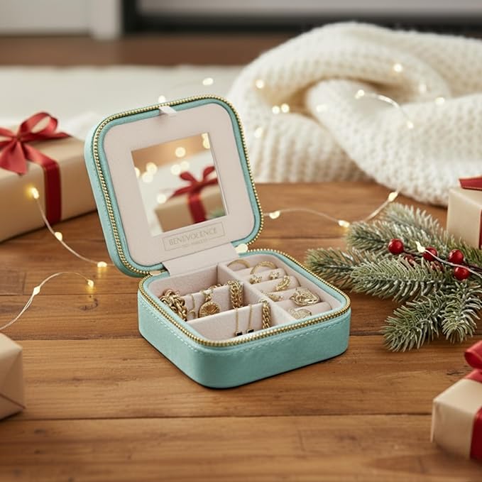 Benevolence LA Plush Velvet Jewelry Box | Travel Jewelry Case Organizer with Mirror | Featured in Oprah's Favorite Things | Best Gifts For Daughter, Girlfriend, Mom | Gifts For Her - Cyan