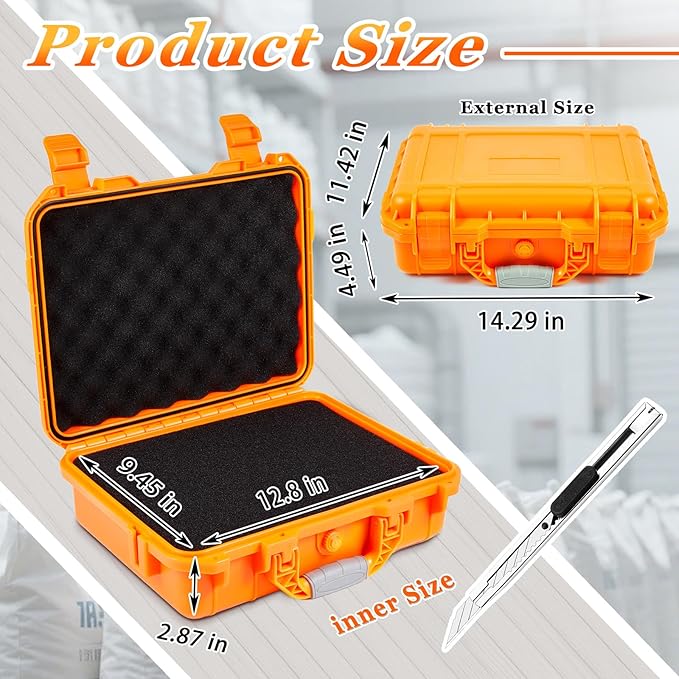 1 Pcs 11.3 x 8.7 x 4.2 Inch Waterproof Hard Case with DIY Customizable Foam Insert Portable Protective Case with Knife for Camera Drones Equipments Tools Test Instruments (Orange)
