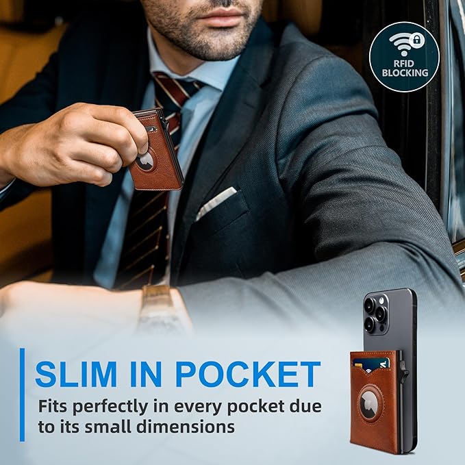 Airtag Wallet for Men,with Cash Pocket 2 ID Window 9-12 Cards,Metal Case Smart Slim Pop Up Credit Card Holder Flip with Magnetic Closure RFID Blocking Trifold wallet with Gift Box