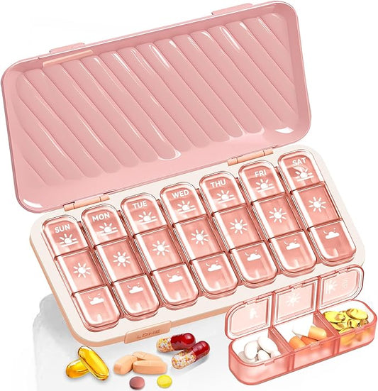 Pill Organizer 3 Times A Day, 7 Day Pill Box - GloDeals Weekly Pill Organizer, Portable Removable Daily Medicine Container Dispenser Case for Vitamin Fish Oil Supplement, Pink