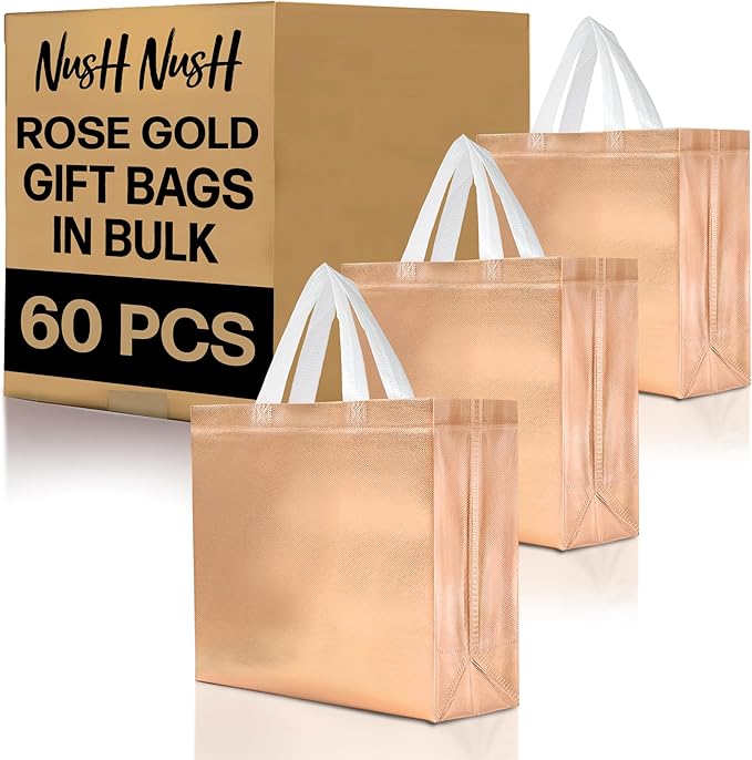 Nush Nush Large Rose Gold Gift Bags Bulk - Set of 60 Shiny Rose Gold Reusable Gift Bags Large Size with Handles - For Small Business, Birthday Party Favors, Bridesmaids, Christmas Gifts - 13Wx5Dx11H