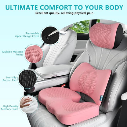 FLORICH 3 PCS Seat Cushion for Carseat Lumbar Support Pillow Car Neck Headrest Pillows Memory Foam Gel Memory Foam Massage Point Seat Pads Pressure Relief Back Cushion for Office Chair(Pink)