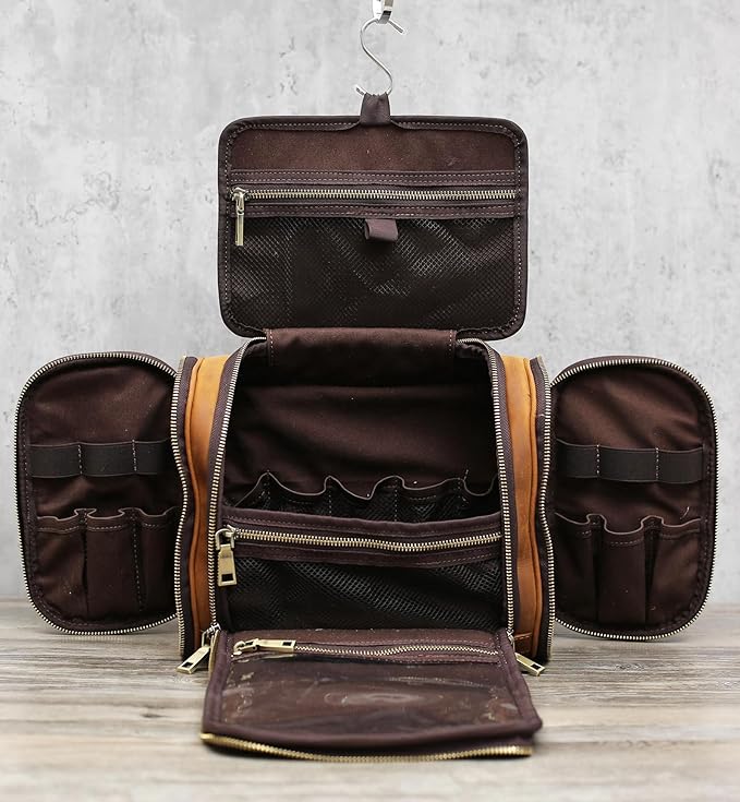 EURYNOME Toiletry Bag For Men, Genuine Leather Toiletries Organizer, Travel Hanging Toiletry Bag Large Water-resistant Bathroom Shaving Kit for Cosmetics, Makeup Case Travel Dopp Kit