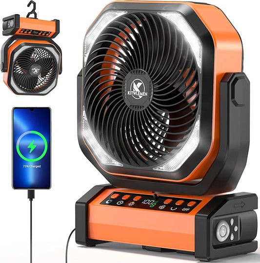 Camping Fan with Light - 20000mAh Rechargeable Battery Fan, 112Hrs Max Run Time, 8 Speeds, Digital Display, Timer, Auto Oscillation, 270° Pivot & Hook for Camping, Power Outage, Hurricane (Orange)