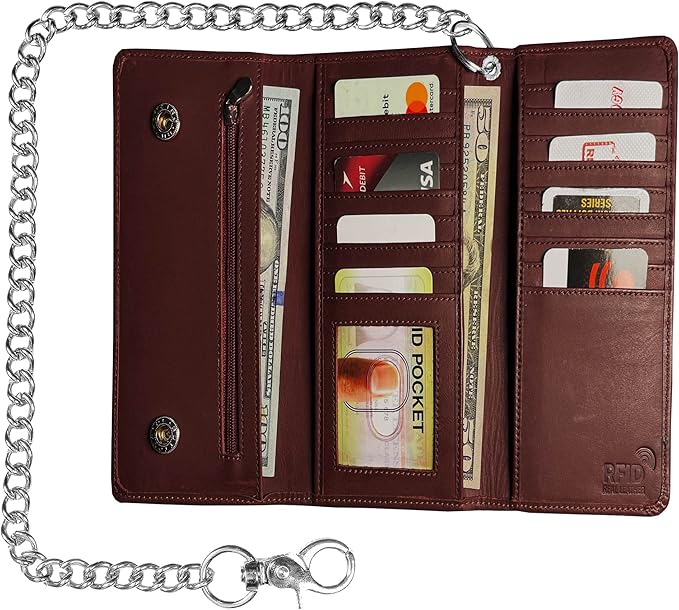 IBRO VINTAGE Motorcycle Chain Wallet for Men – Premium Cowhide Leather, RFID Tri-Fold Biker Wallet with Heavy Duty Chain for Bikers Truckers & Hunters, Credit Card Money Organizer Long Wallet
