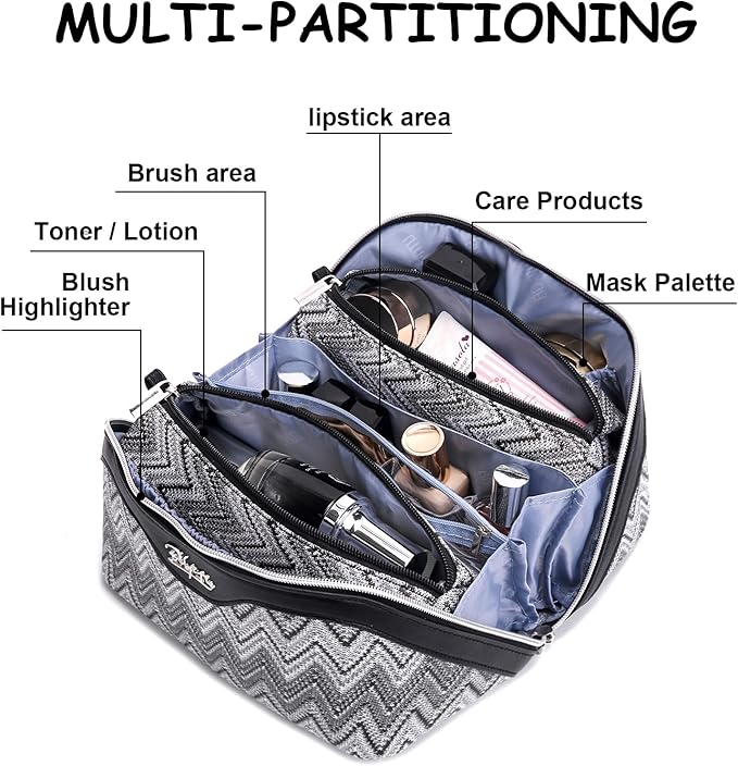 BOYATU Travel Makeup Bag for Women: Western Boho Make up Bag Set of 3 - Large Capacity Vegan Leather Cosmetic Bag - Waterproof Toiletry Bag with Compartments & Handle & Divider(J-3-Black)