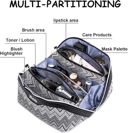 BOYATU Travel Makeup Bag for Women: Western Boho Make up Bag Set of 3 - Large Capacity Vegan Leather Cosmetic Bag - Waterproof Toiletry Bag with Compartments & Handle & Divider(J-3-Black)