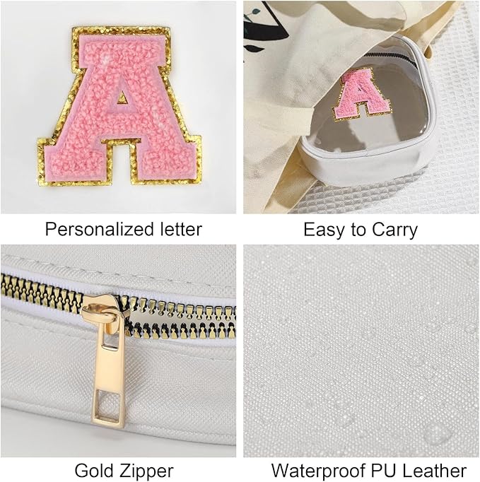 YOOLIFE Initial Make Up Bag Travel Toiletry Bag, Clear Makeup Bag Preppy Cosmetic Bags Organizer Travel Essentials Gifts for Women Teen Girlfriend Teacher Mom Birthday Mothers Day Gifts White D