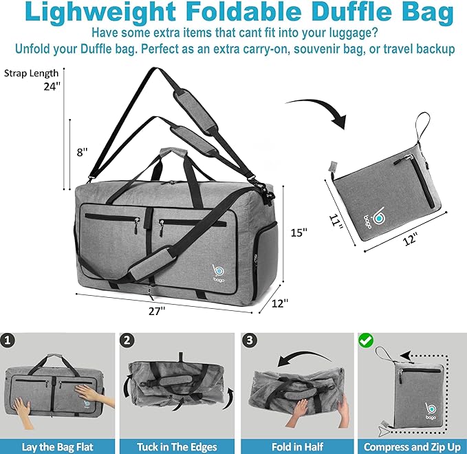 Bago Large Foldable Duffel Bags for Traveling Women & Men - 80L Packable Duffle Bag for Travel with Shoe Compartment - Water Repellant, Heavy Duty, Lightweight Folding & Collapsible (SnowGray)