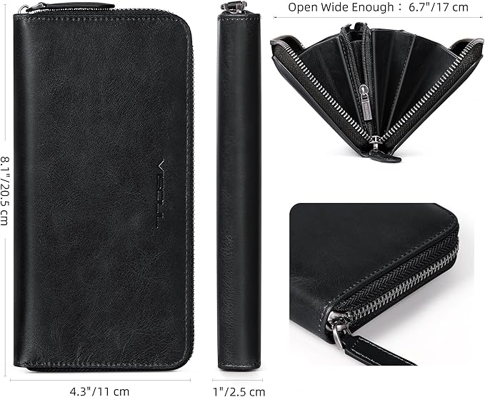 VISOUL Leather Long Zipper Pouch Wallet for Men and Women with RFID Blocking, Large Clutch Cash Long Wallet with Zipper (Black)