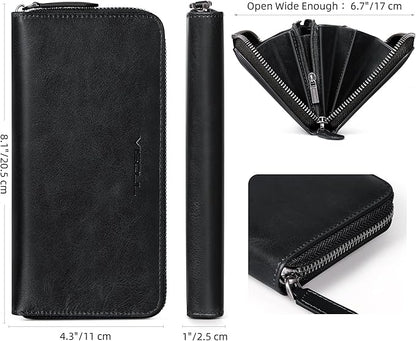 VISOUL Leather Long Zipper Pouch Wallet for Men and Women with RFID Blocking, Large Clutch Cash Long Wallet with Zipper (Black)