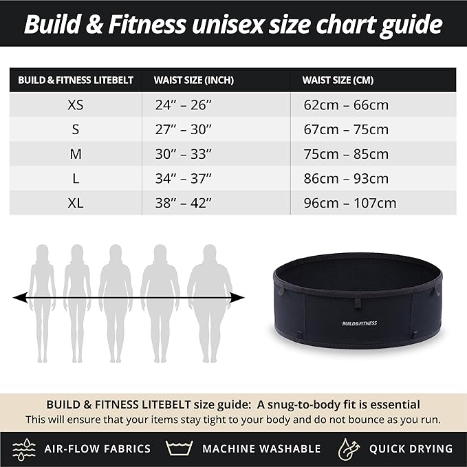 Build & Fitness LiteBelt Running Belt – 4 Quick Top-Access Pockets –Flip Waist Pack, Running Phone Holder – Fits All Size Phones, Keys, Cards, Earpods, GUs – for Men and Women (Black, XL)