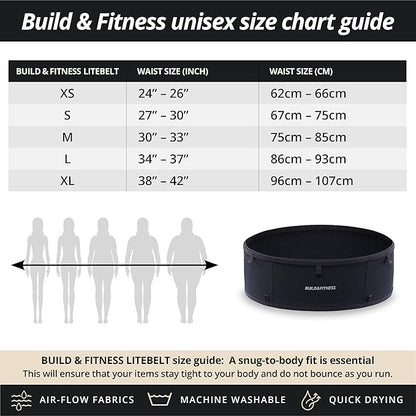 Build & Fitness LiteBelt Running Belt – 4 Quick Top-Access Pockets –Flip Waist Pack, Running Phone Holder – Fits All Size Phones, Keys, Cards, Earpods, GUs – for Men and Women (Black, M)