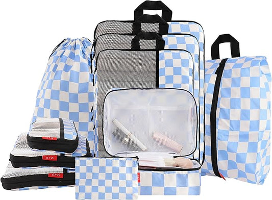 U+U 10 Set Compression Packing Cubes - Ultralight Travel Organizers with Laundry Bag and Cosmetic Bag, Space-Saving Suitcase Organizer for Travel, Business Trip and Family Vacation (Blue Checkered)