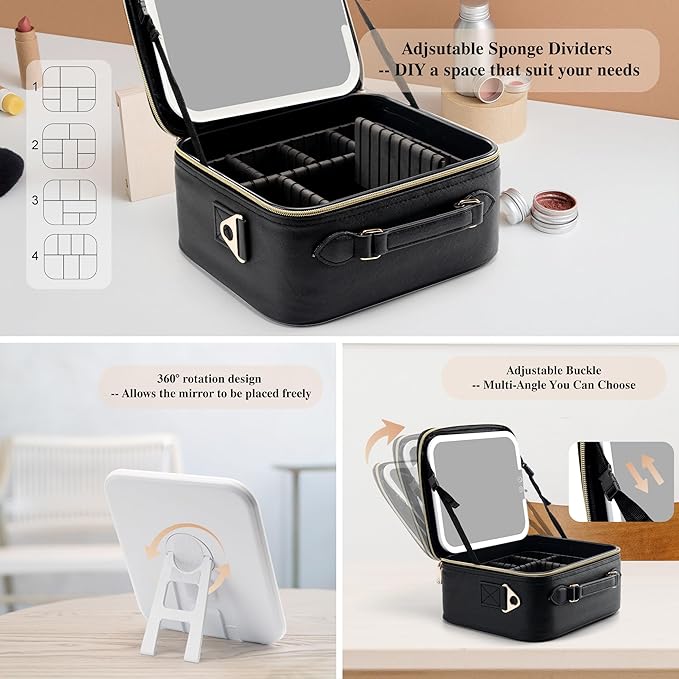 SJD Travel Makeup Bag with LED Mirror, Portable Cosmetic Case Organizer with Lighted Mirror, Waterproof Makeup Case for Cosmetic Brush Holder Storage, Black Toiletry Bag for Women Gift