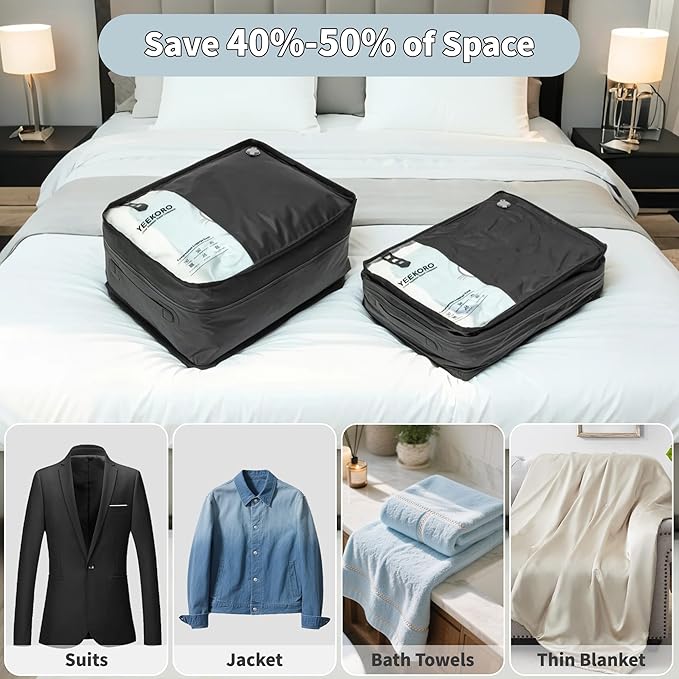 Compression Packing Cubes, Vacuum Bags for Business Trip, Professional IPX8 Reusable Travel Packing Cubes for 20 inch Suitcases, Organizer Bags for Luggage for Women & Men(2 pack, with Pump)