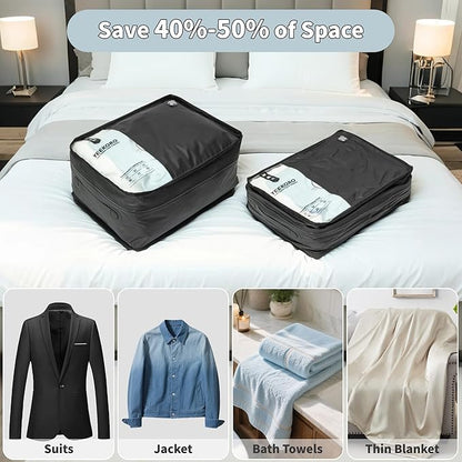 Compression Packing Cubes, Vacuum Bags for Business Trip, Professional IPX8 Reusable Travel Packing Cubes for 20 inch Suitcases, Organizer Bags for Luggage for Women & Men(2 pack, with Pump)