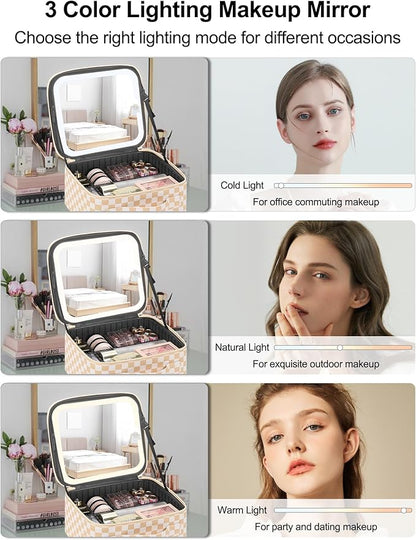 Chomeiu Makeup Bag with LED Mirror, Travel Makeup Case for Women and Makeup Artists Cosmetic Organizer Large Make Up Bags with Light Up Mirror, 3 Color Lights, Adjustable Dividers, Light Checkerboard