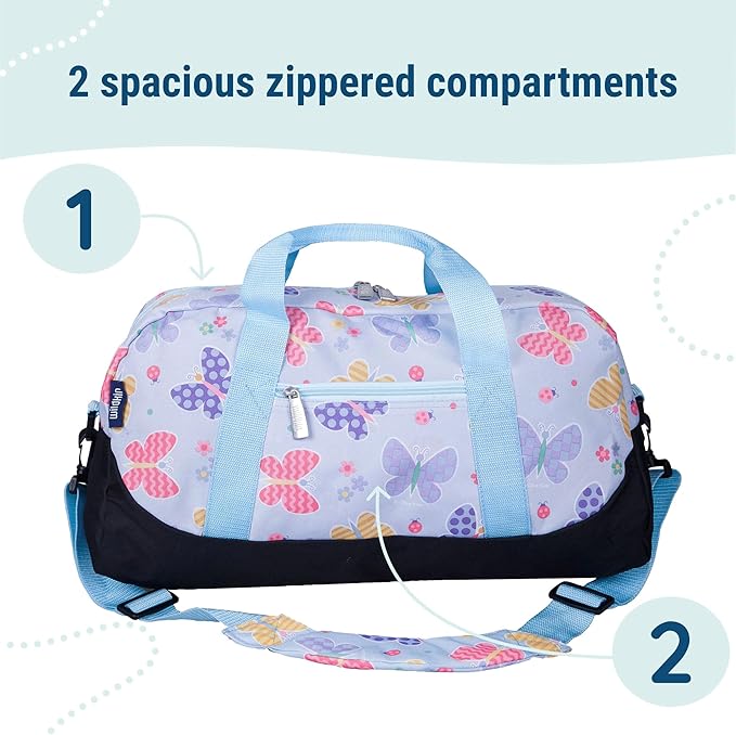 Wildkin Kids Overnighter Duffel Bag – Carry-On Size, Ideal for School & Sleepovers – Butterfly Garden