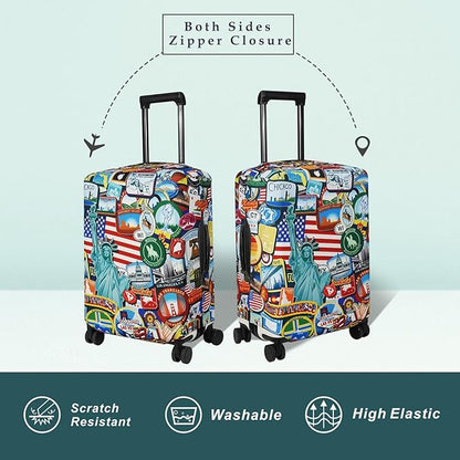 Explore Land Travel Luggage Cover Suitcase Protector Fits 23-26 Inch Case (Statue of Liberty, M)