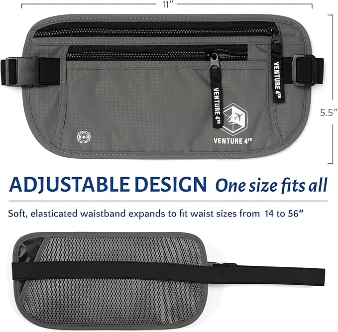 VENTURE 4TH Slim Minimalist Design RFID Money Belt with RFID Blocking Sleeves, for Men and Women – Ideal for Keeping Your Cash, Credit Card, Passport, Phone Secure When Traveling - Gray