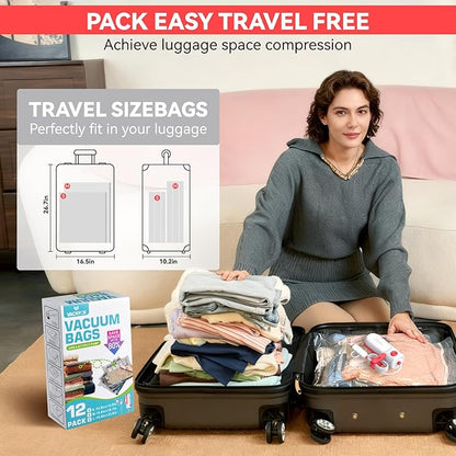 12 Pack Travel Vacuum Bags for Clothing with USB and TYPE C Pump, Compression Seal Packing Cubes for Luggage Suitcase Backpack, Carry-on Size Space Saver Storage Bags for Vacation Cruise（Red）