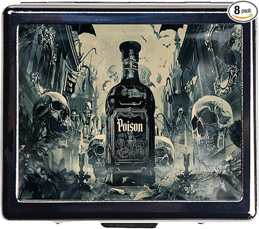 7 Days Chromed Shiny Silver Pill Organizer with Mirror Inside Has 8 Separate Compartments Rectangle,Versatile Storage for Medication - Ideal Travel Accessory (Surrounding Skeleton)