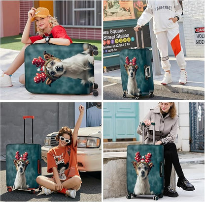 ANNA QUEEN Christmas Dog Luggage Cover, Cute Puppy with Reindeer Antlers Suitcase Protector, Washable Stretchable Travel Sleeve for 28-30 Inch Luggage