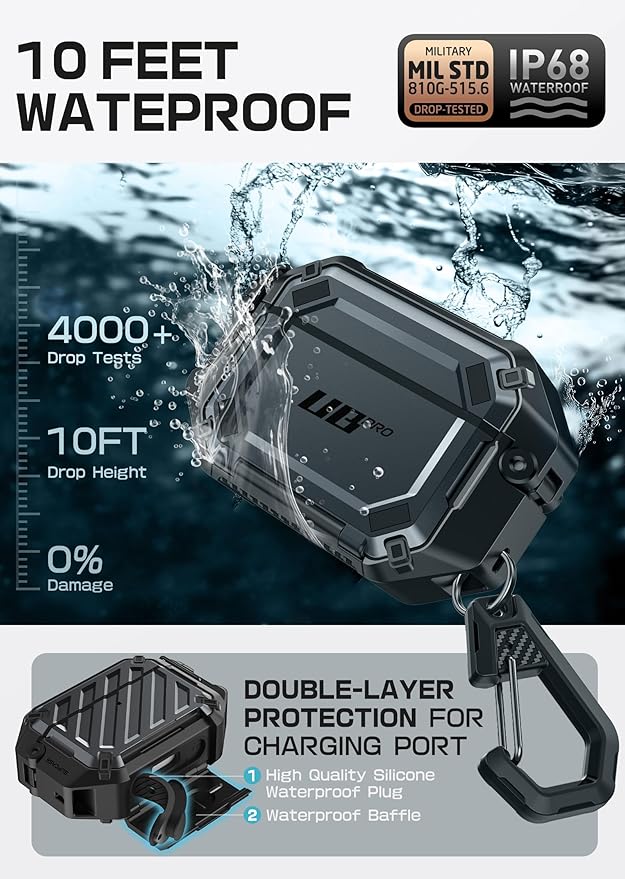 SUPCASE for AirPods Pro 3 Case with Lock & Carabiner, [IP68 Waterproof] [Military-Grade Protection] [Supports Wireless Charging] Anti-Scratch Hard Shell Cover for AirPods Pro 3rd Gen, Black