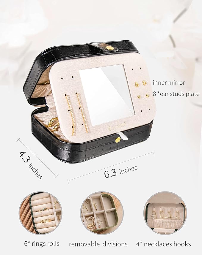 S.Leaf Travel Jewelry Organizer Boxes for Women Small Portable Necklace Earrings Bracelet Rings Travel Case Best Friend Birthday Gifts for Women Trendy (15_Crocodile_Black_Big)