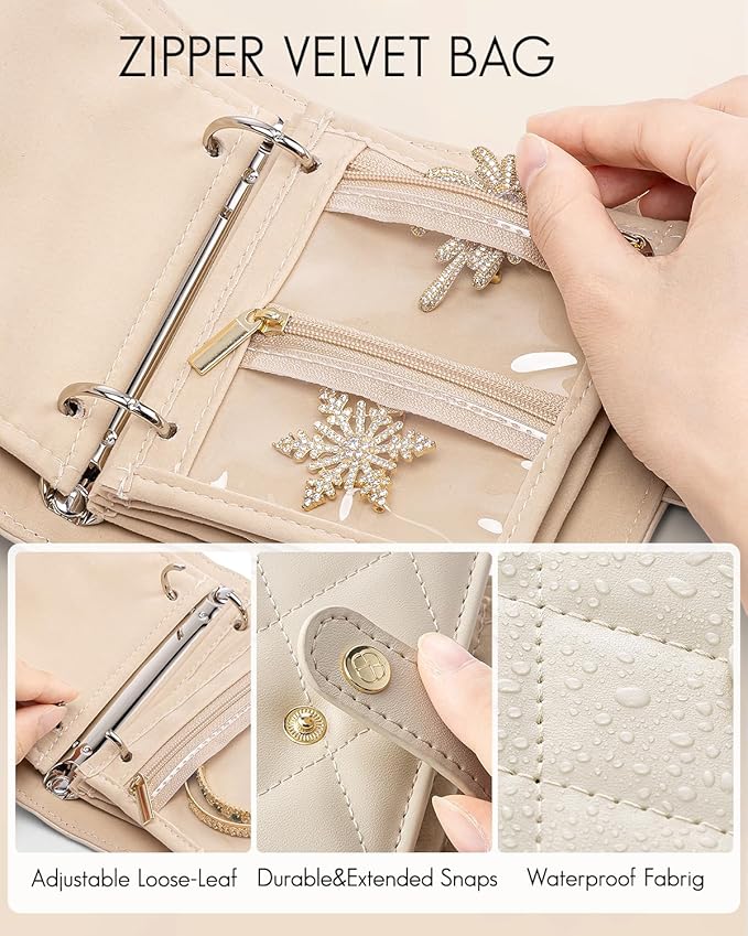 Vlando Travel Jewelry Organizer Case,Mothers Day Gifts for Her,Portable Jewelry Organizers Storage Book with Clear Zipper Velvet Jewelry Pouch Bag for Travel Essentials,Ring,Earring-Cream White