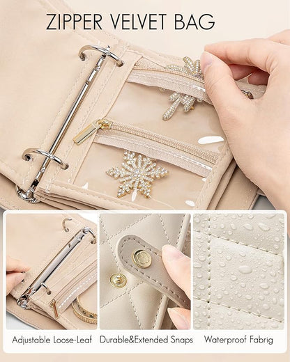 Vlando Travel Jewelry Organizer Case,Mothers Day Gifts for Her,Portable Jewelry Organizers Storage Book with Clear Zipper Velvet Jewelry Pouch Bag for Travel Essentials,Ring,Earring-Cream White