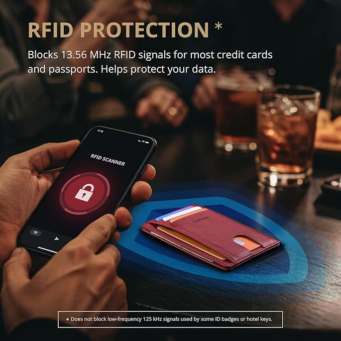 Buffway Slim Minimalist Front Pocket RFID Blocking Leather Wallets for Men and Women - Alaska Cherry
